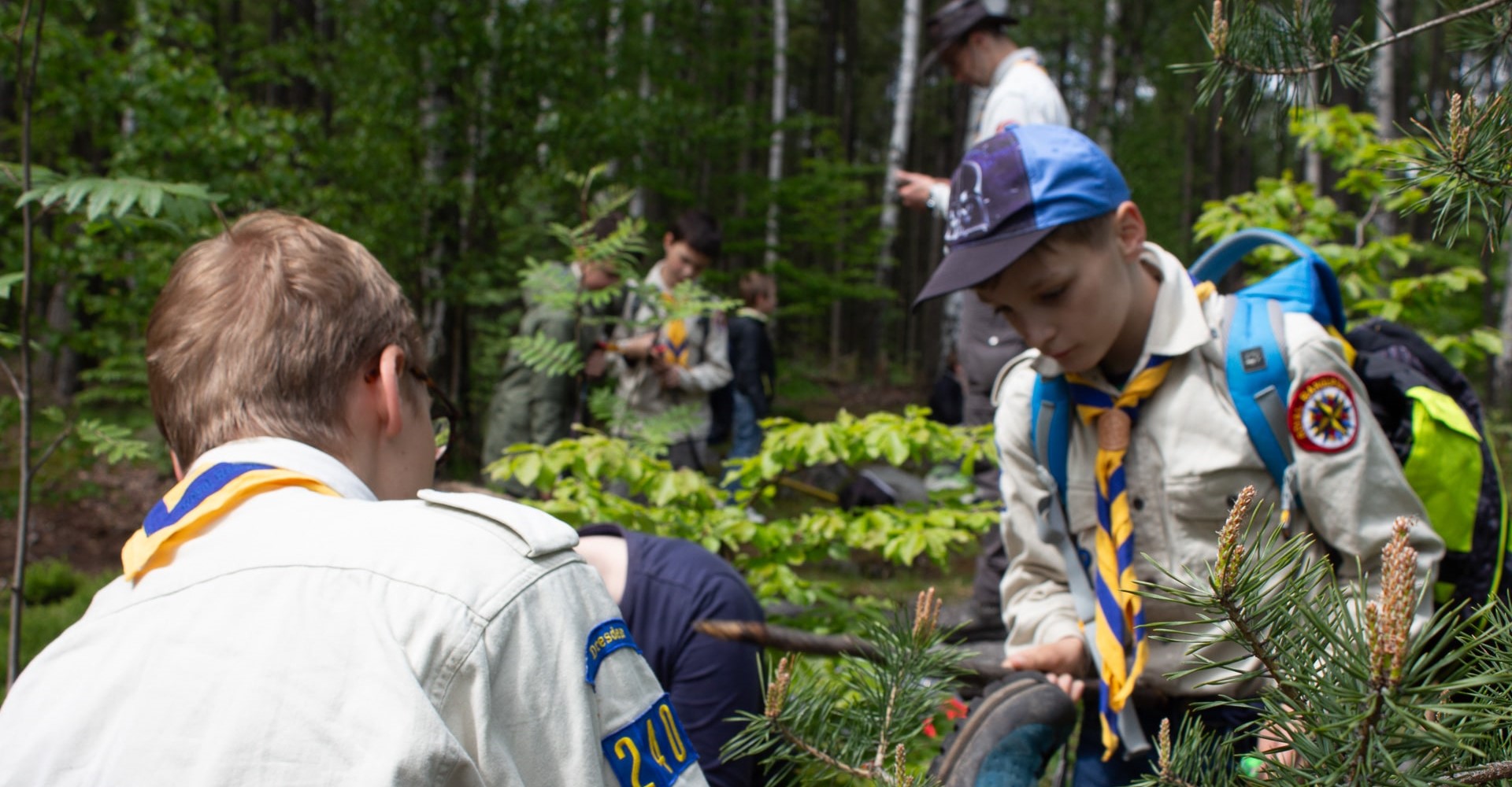 Pfadfinder in Pfadfinderkluft der Royal Rangers beim Orientieren und Navigieren während eines Wald-Abenteuers in Dresden.
